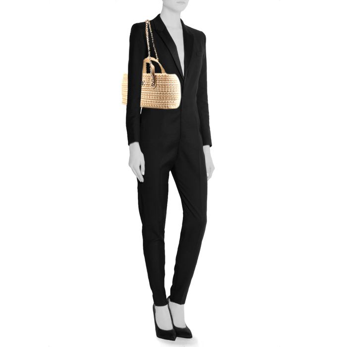 Shopping bag Chanel in rafia beige e pelle beige - Detail D2