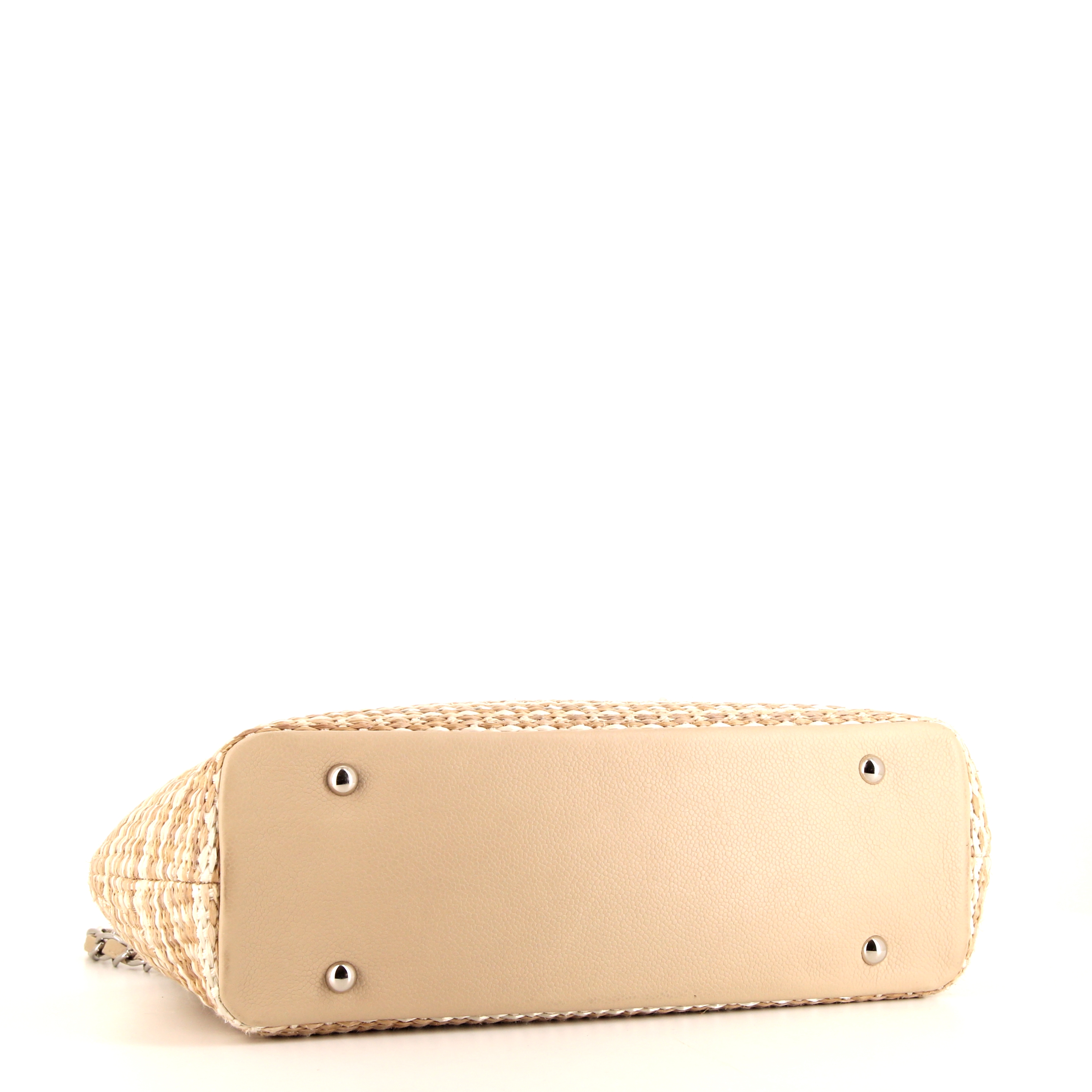 Shopping bag Chanel in rafia beige e pelle beige - Detail D5