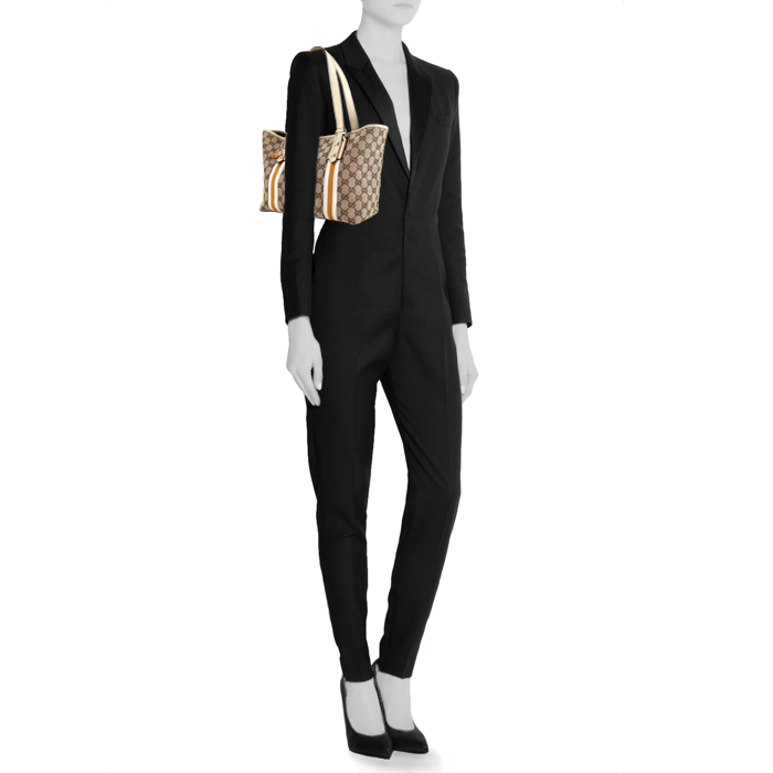 Shopping bag Gucci Jolicoeur in tela monogram e pelle bianca - Detail D1