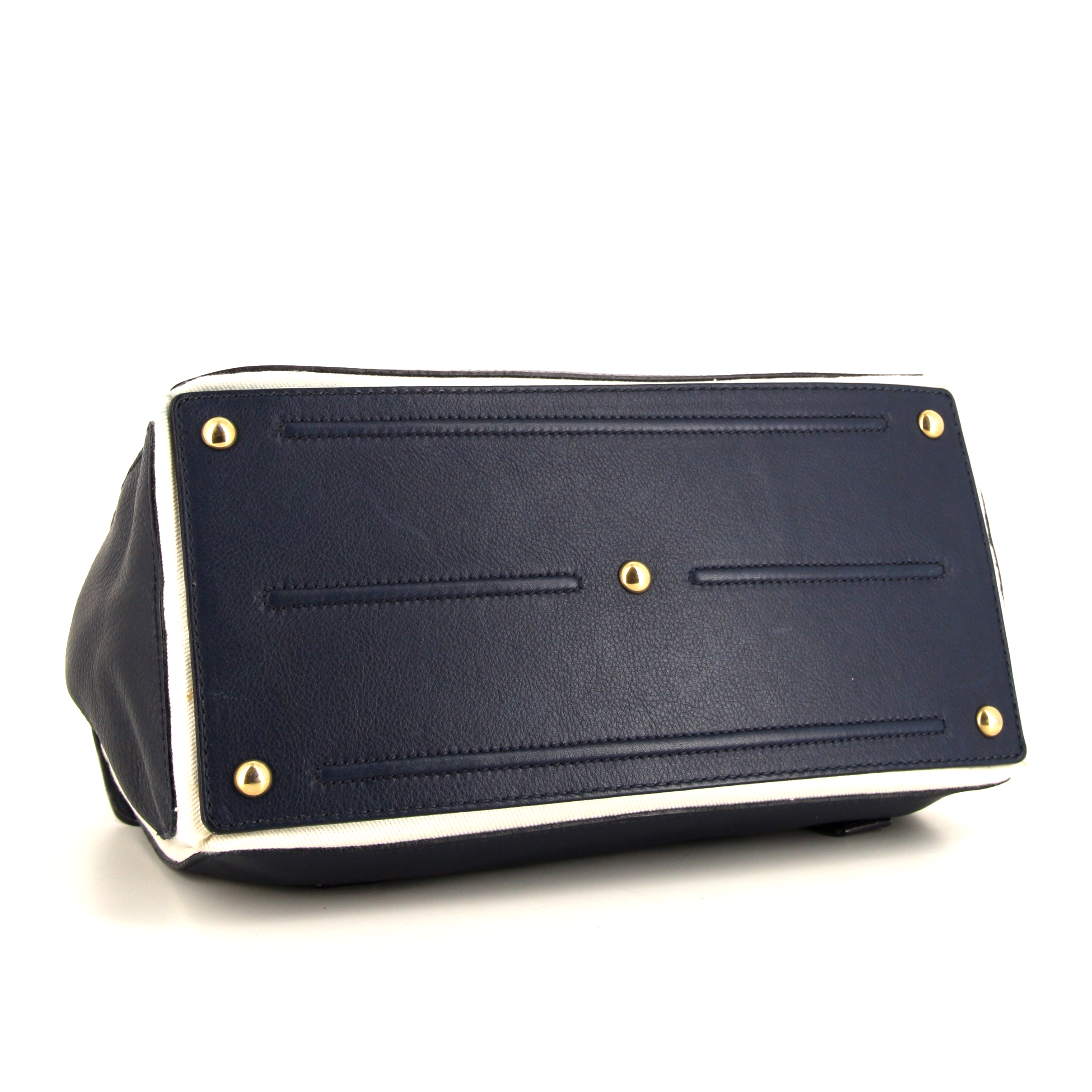 Yves Saint Laurent Muse Two handbag in navy blue leather and white canvas - Detail D4