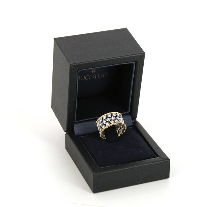 Buccellati 3 File Fogliette ring in yellow gold, white gold and diamonds - Detail D2