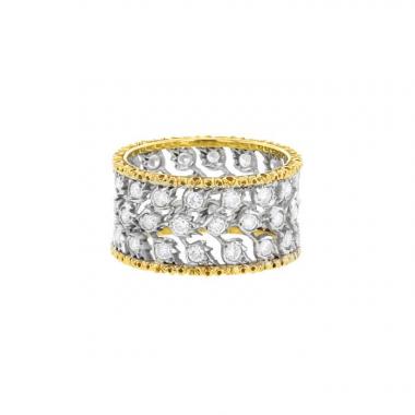 Anello Buccellati 3 File Fogliette in oro giallo,  oro bianco e diamanti