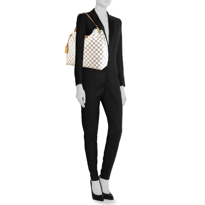Louis Vuitton Graceful medium model shopping bag in azur damier canvas and natural leather - Detail D1