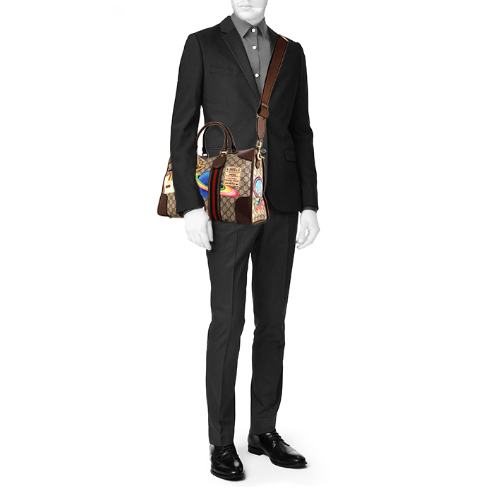 Sac de week end Gucci en toile monogram grise et cuir marron - Detail D2