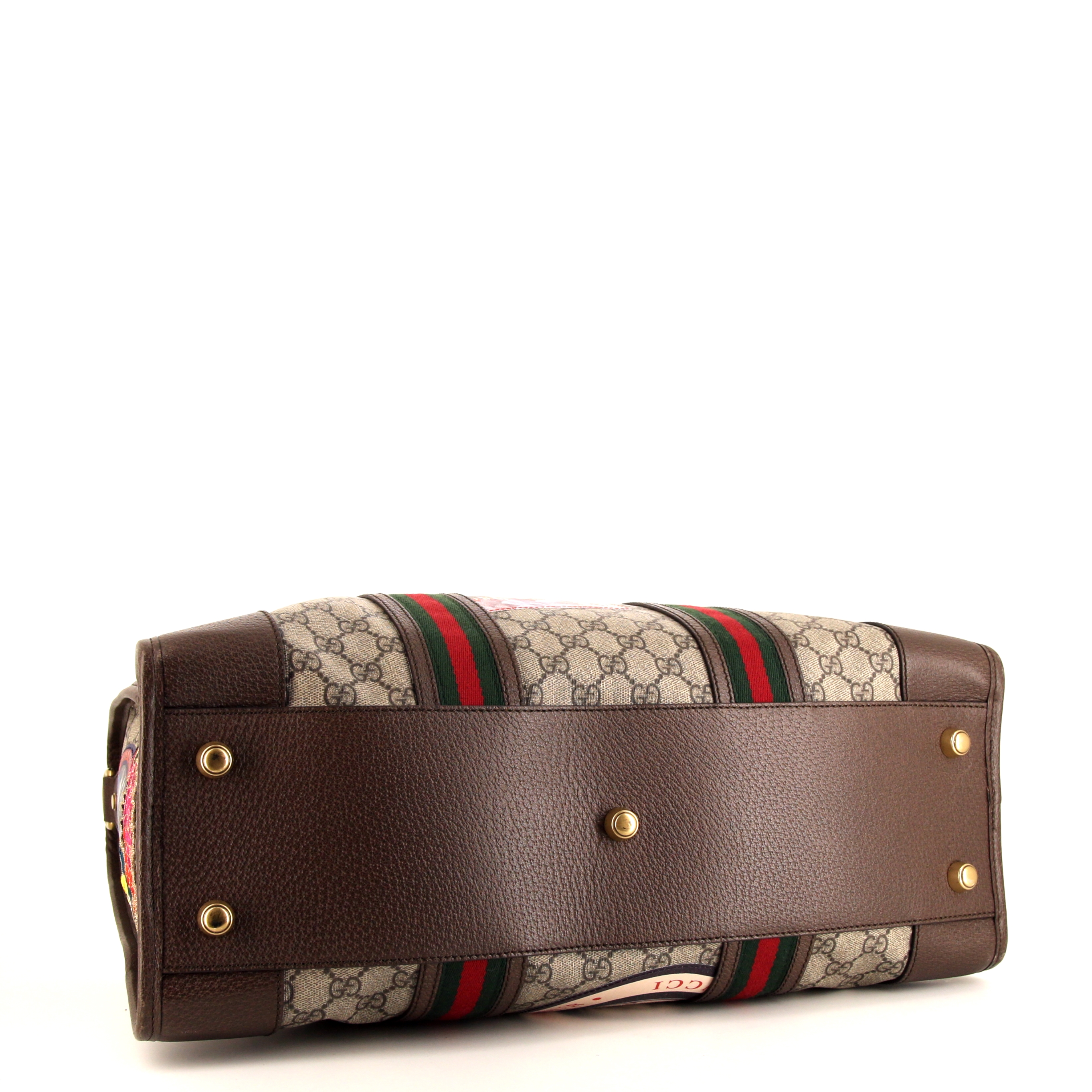 Sac de week end Gucci en toile monogram grise et cuir marron - Detail D5