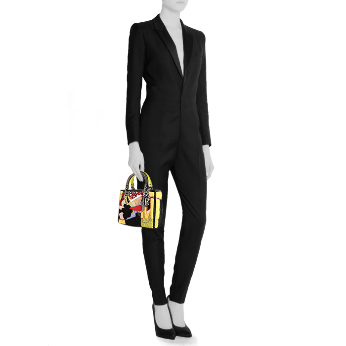 Sac à main Dior Lady Dior Edition limitée Mickalene Thomas moyen modèle en toile noire jaune et verte - Detail D1