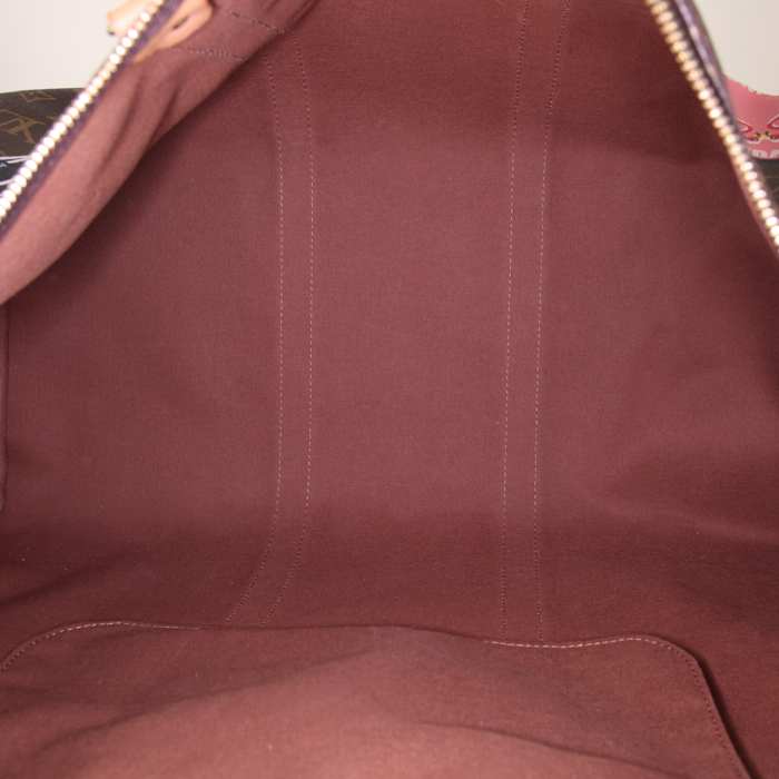 Borsa da viaggio Louis Vuitton Keepall 50 cm in tela monogram marrone a motivo patchwork e pelle naturale - Detail D3