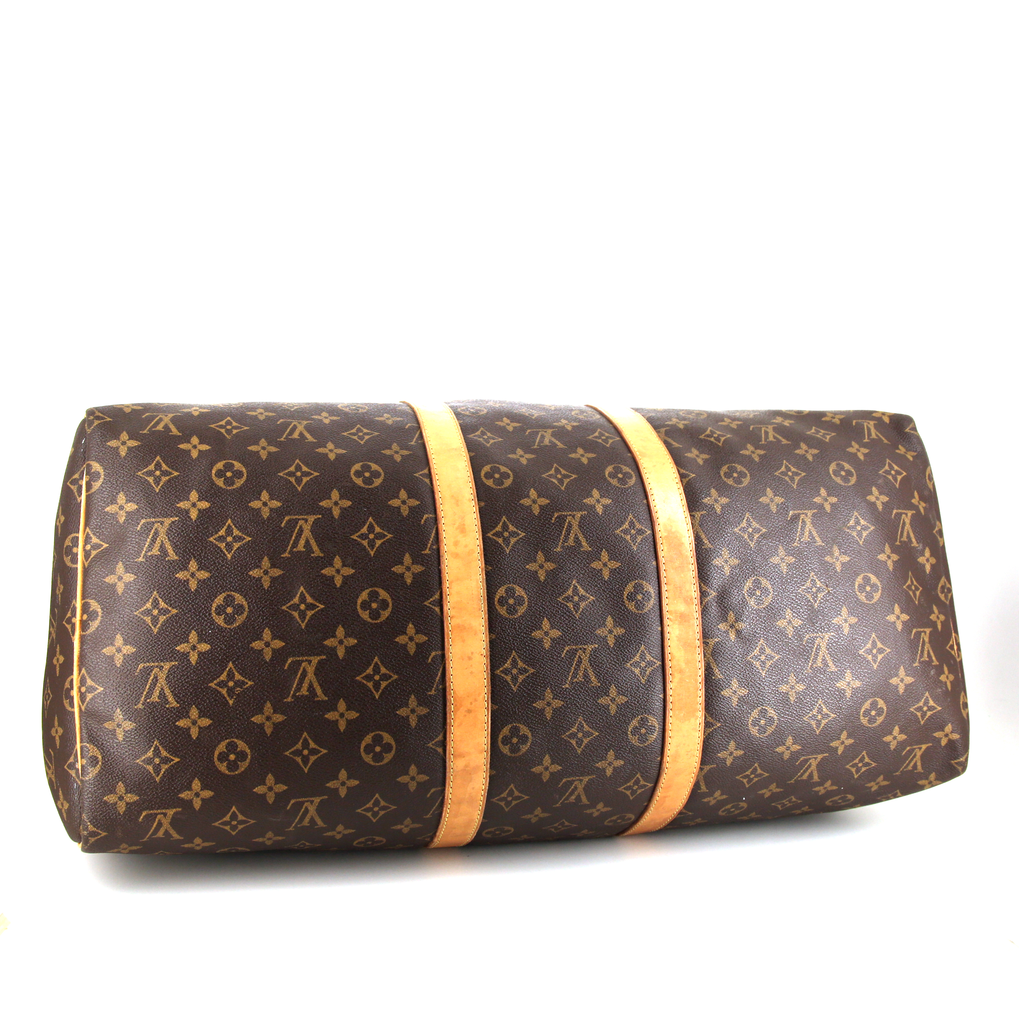 Borsa da viaggio Louis Vuitton Keepall 55 cm in tela monogram marrone e pelle naturale - Detail D4