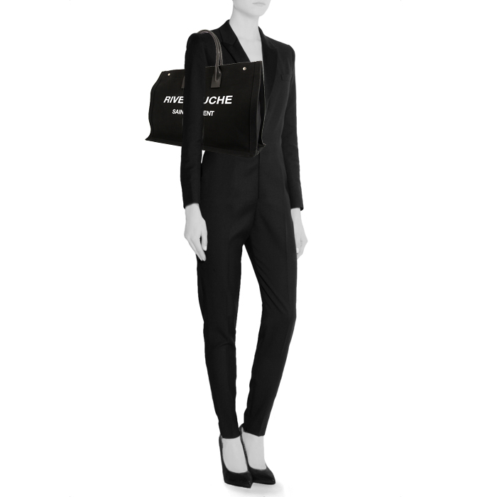 Shopping bag Saint Laurent Rive Gauche in tela nera e pelle nera - Detail D1