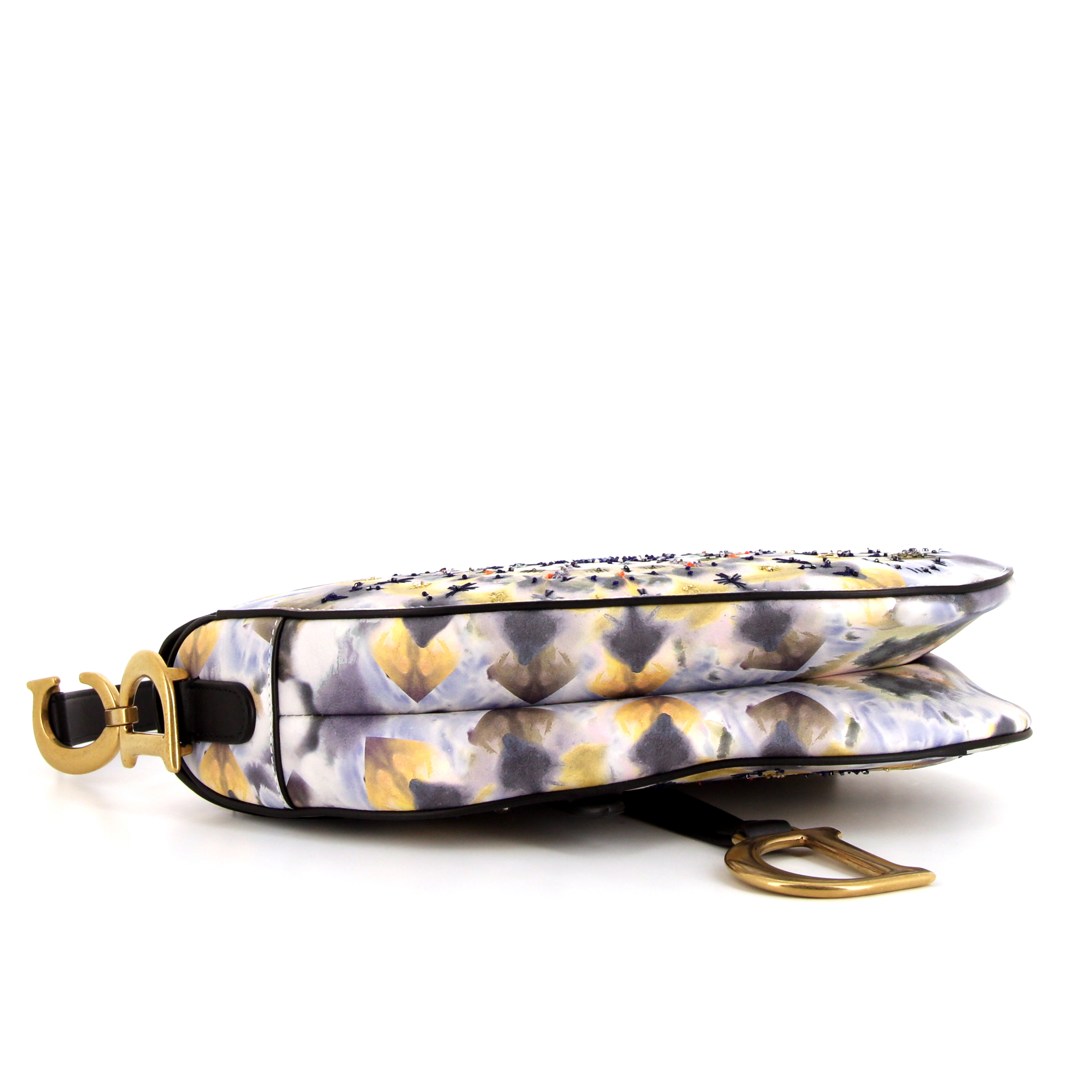 Sac à main Dior Saddle KaléiDiorscopic en cuir multicolore blanc jaune et bleu et cuir noir - Detail D4