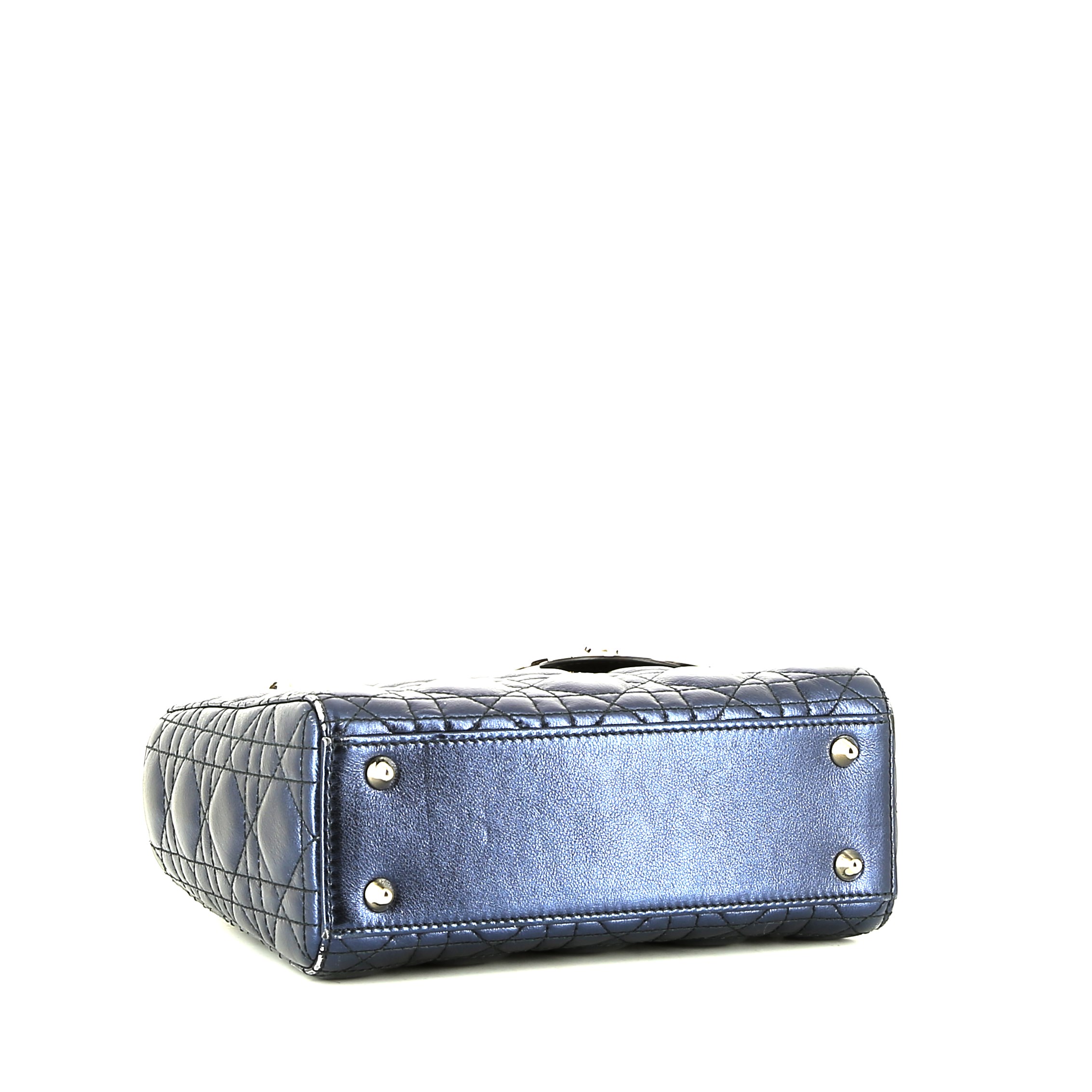 Sac bandoulière Dior Mini Lady Dior en cuir cannage bleu métallisé - Detail D5