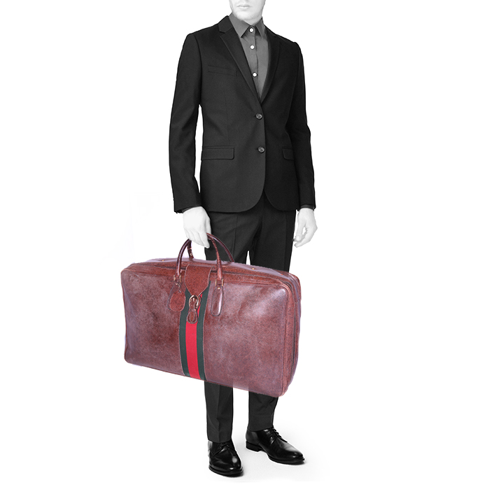 Bolsa de viaje Gucci en lona roja y verde y cuero marrón - Detail D1