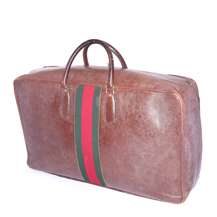 Gucci travel bag in red and green canvas and brown leather - Detail D2