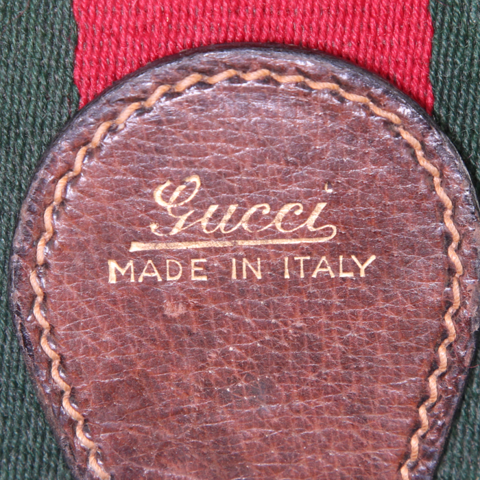 Borsa da viaggio Gucci in tela rossa e verde e pelle marrone - Detail D4