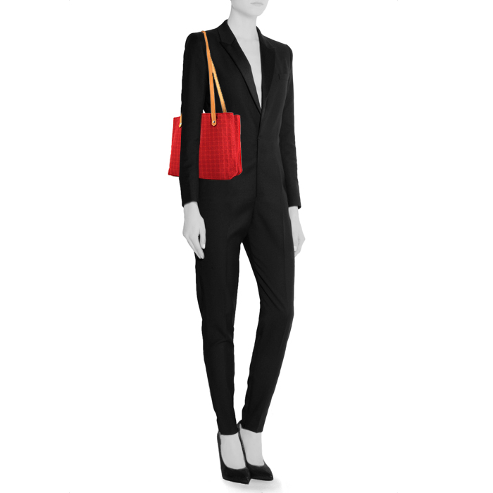 Hermès Amedaba shopping bag in red canvas and natural leather - Detail D1