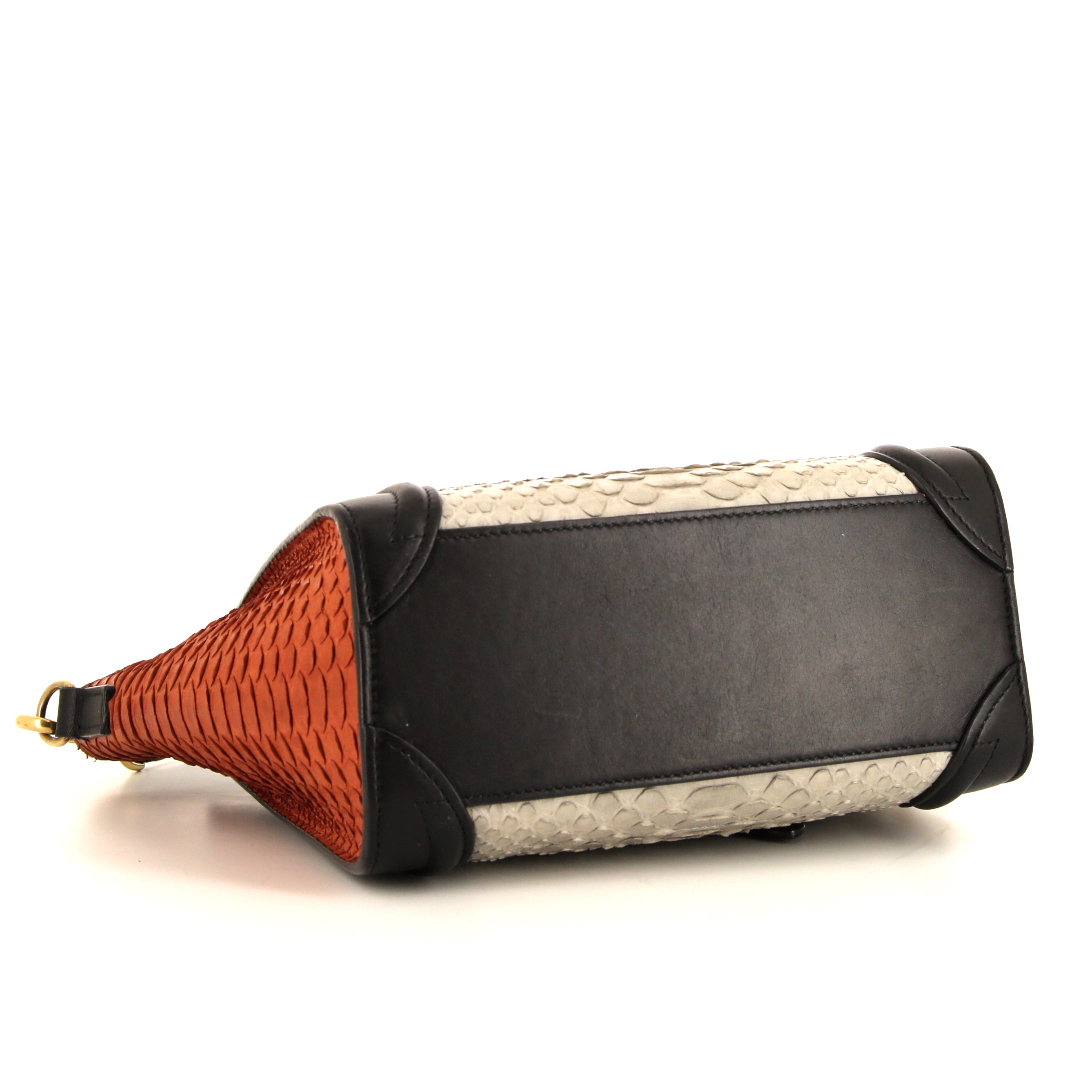 Céline Luggage Nano shoulder bag in grey and orange python and black leather - Detail D5