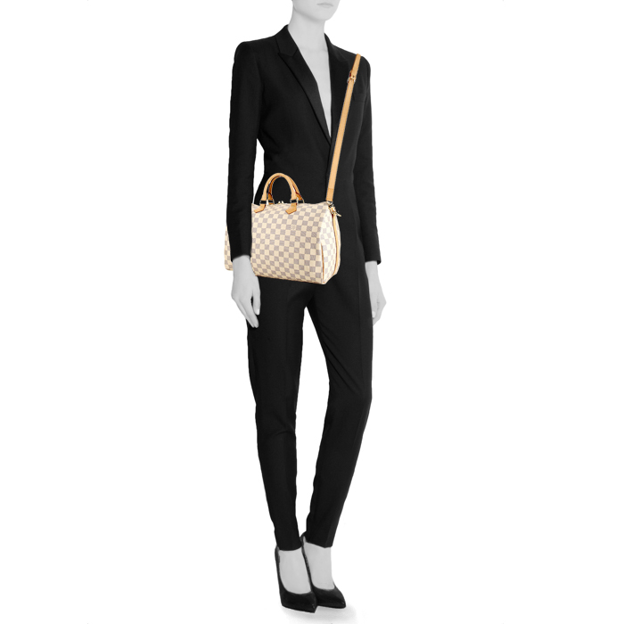 Bolso de mano Louis Vuitton Speedy 35 en lona a cuadros azul celeste y cuero natural - Detail D2