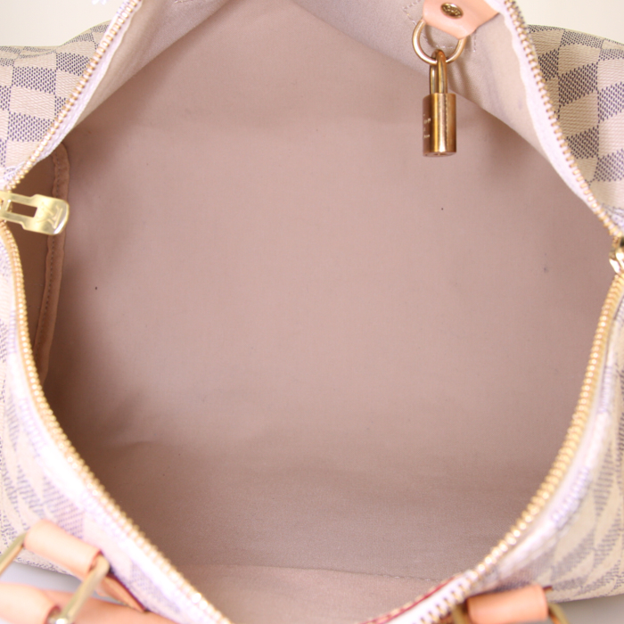 Bolso de mano Louis Vuitton Speedy 35 en lona a cuadros azul celeste y cuero natural - Detail D3