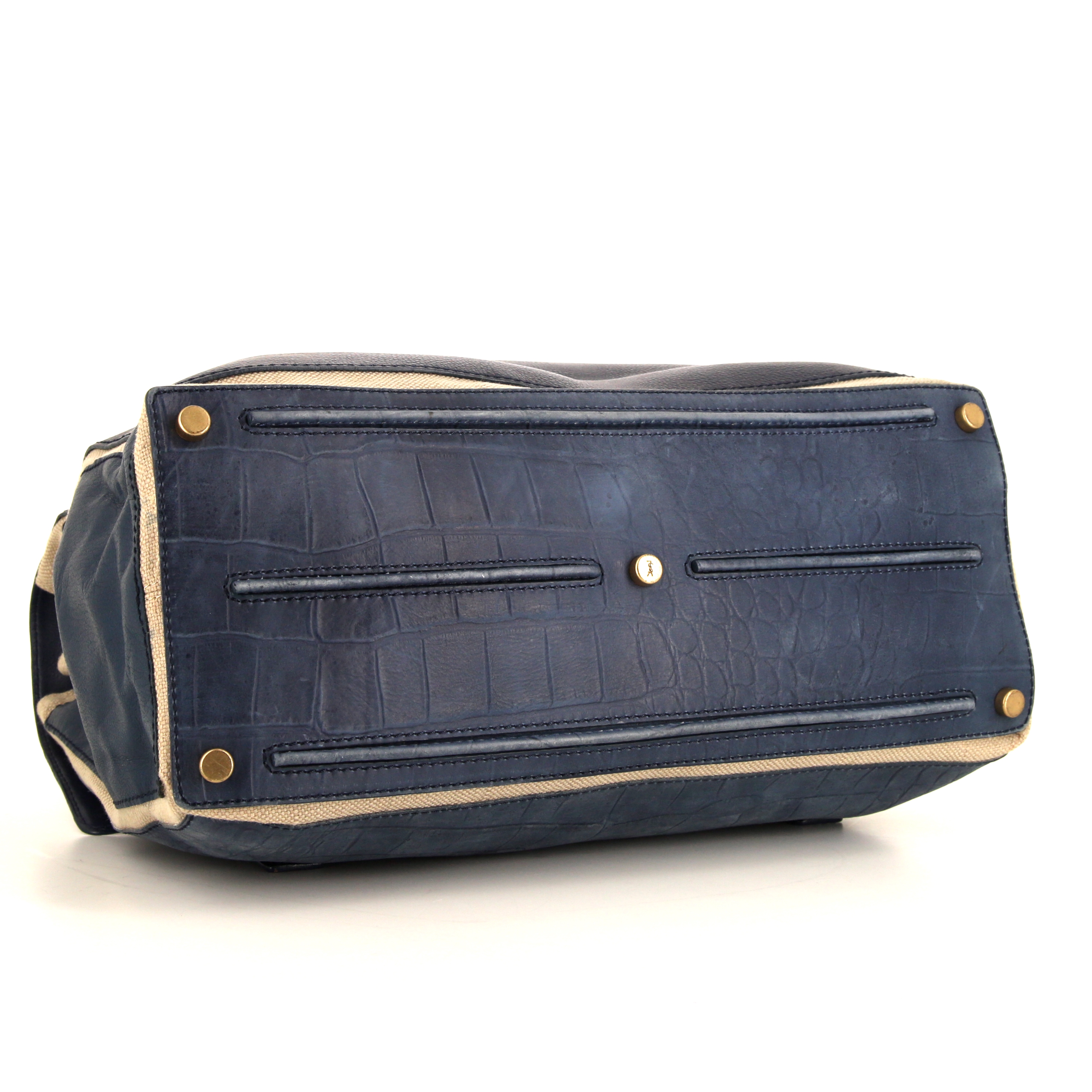 Sac à main Saint Laurent  Muse Two en cuir bleu et toile beige - Detail D4