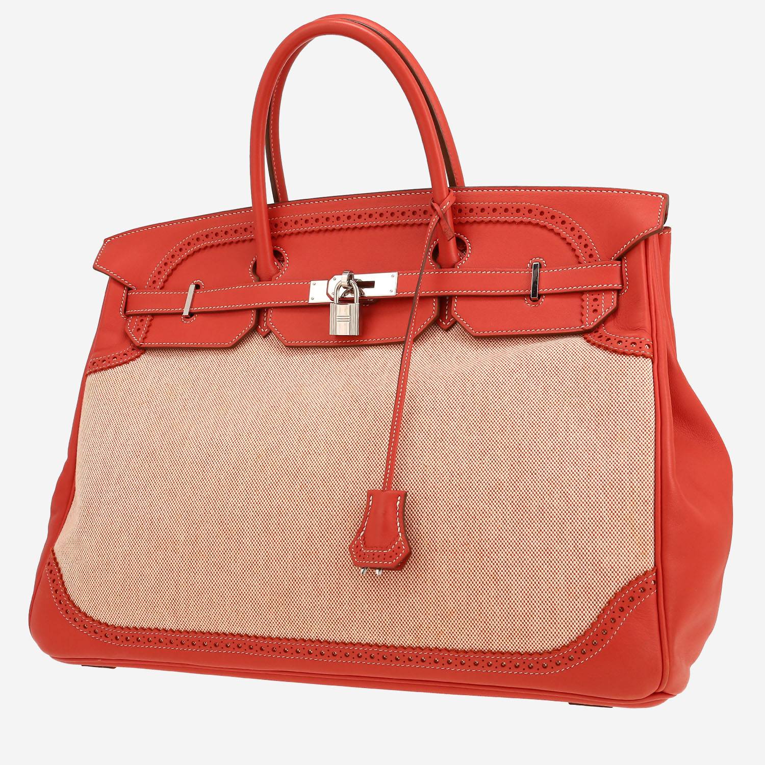 Bolso de mano Hermes Birkin Ghillies 40 cm en cuero liso sanguine y lona beige