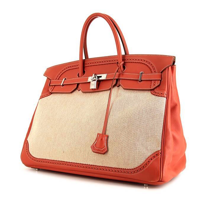 Hermes Birkin Ghillies 40 cm handbag in sanguine smooth leather and beige canvas - 00pp