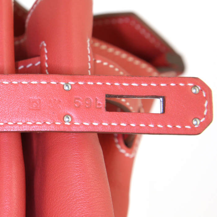 Hermes Birkin Ghillies 40 cm handbag in sanguine smooth leather and beige canvas - Detail D4