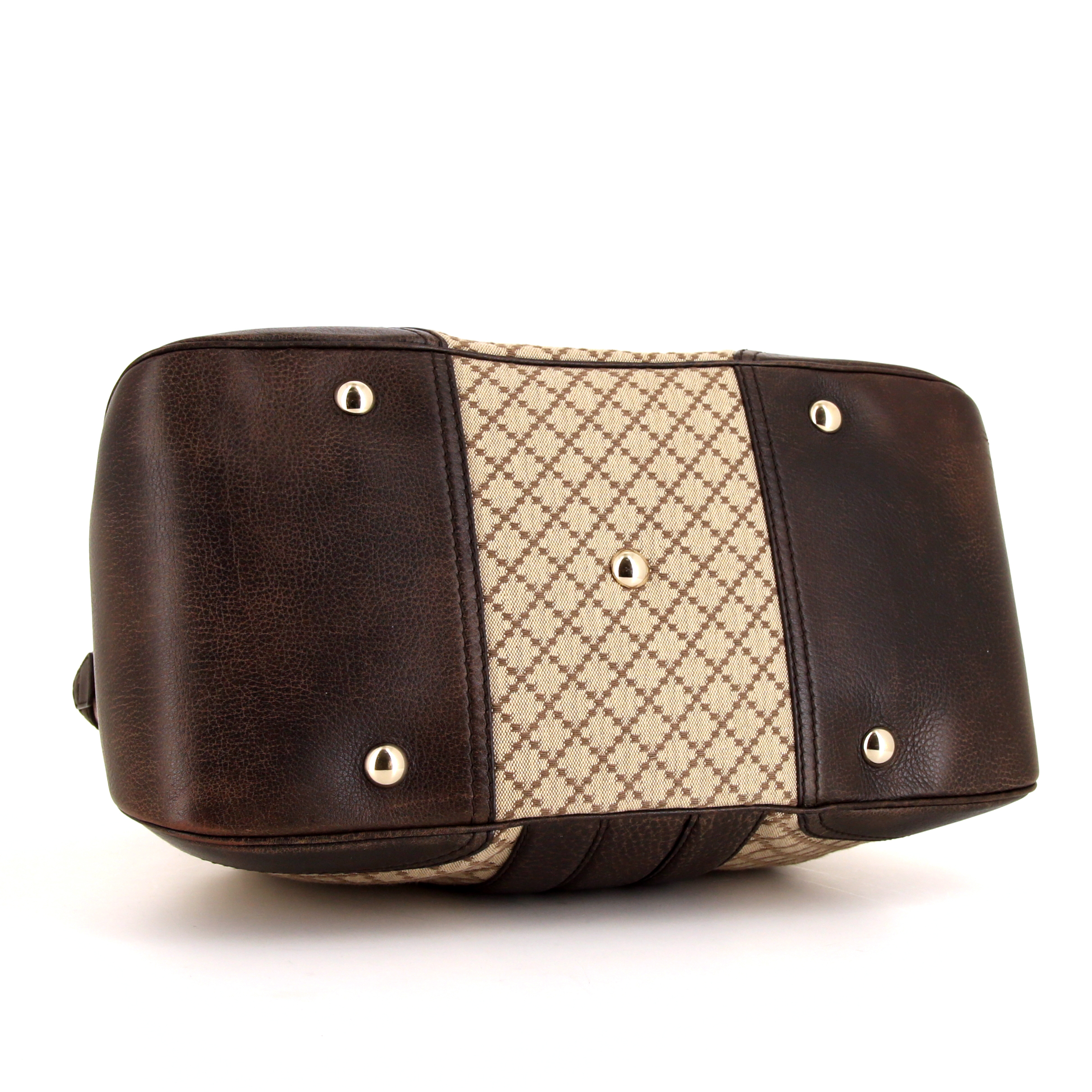 Sac à main Gucci Catherine en toile beige et cuir marron-chocolat - Detail D4