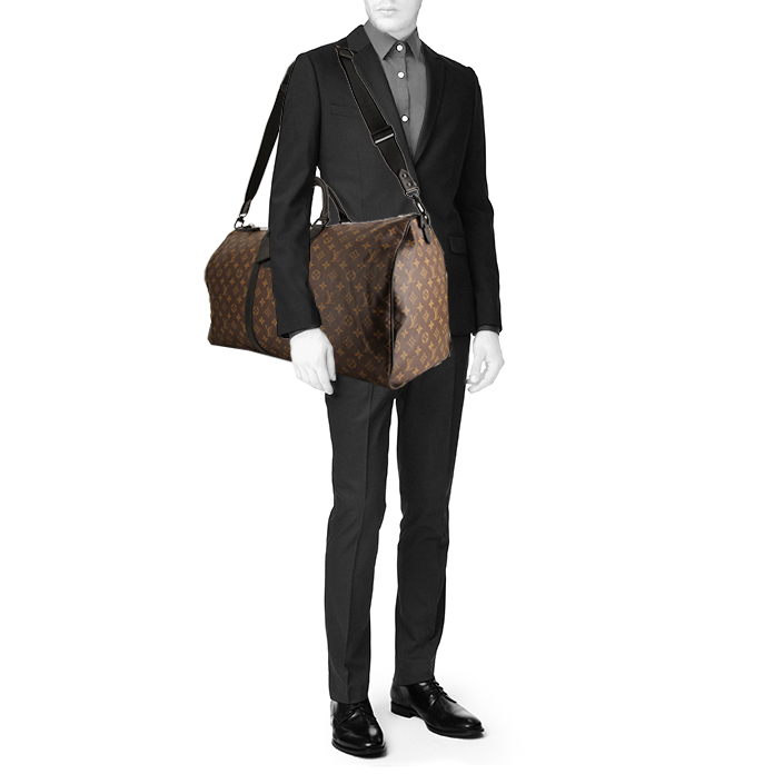 Borsa da viaggio Louis Vuitton Keepall 55 cm in tela monogram marrone e pelle nera - Detail D2