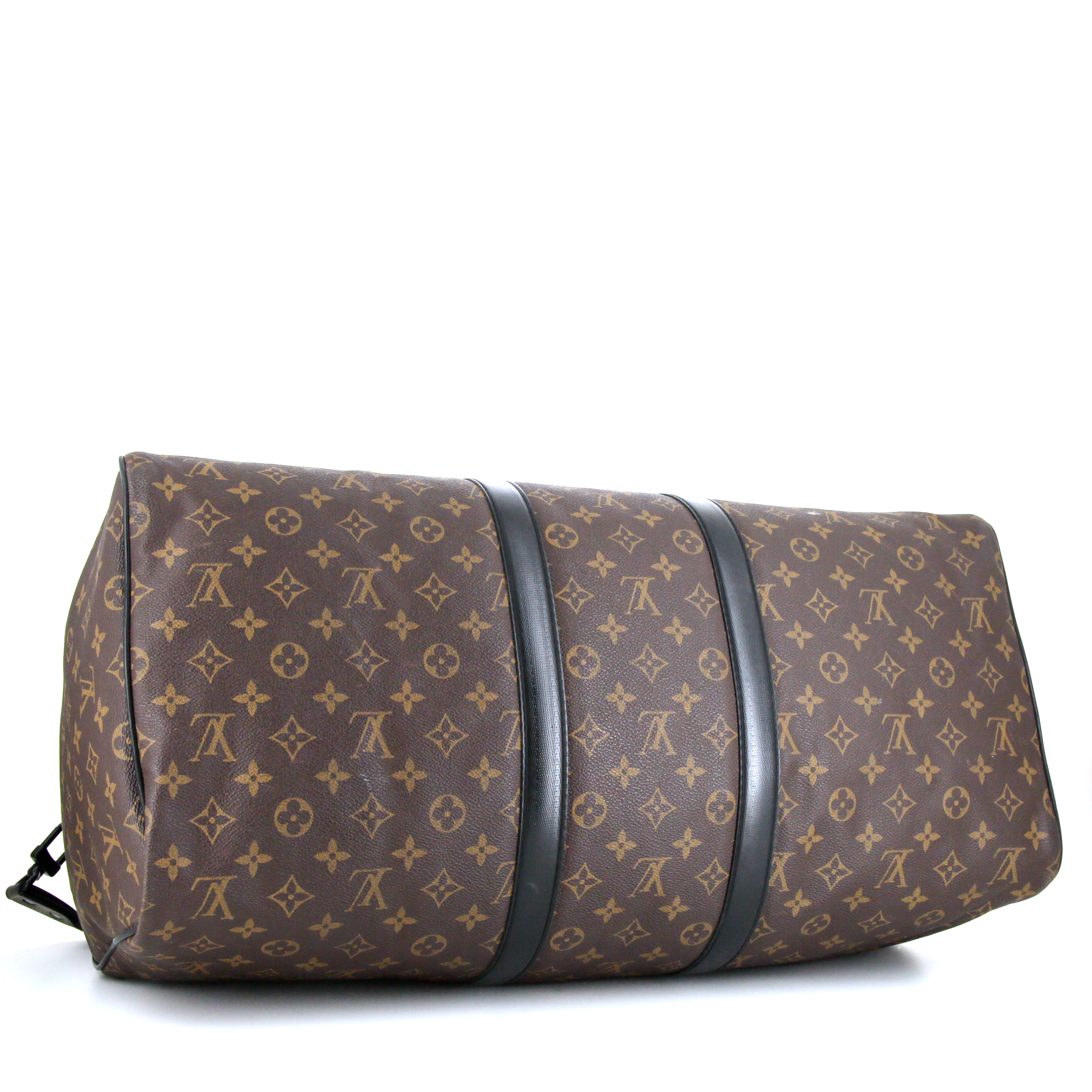 Borsa da viaggio Louis Vuitton Keepall 55 cm in tela monogram marrone e pelle nera - Detail D5