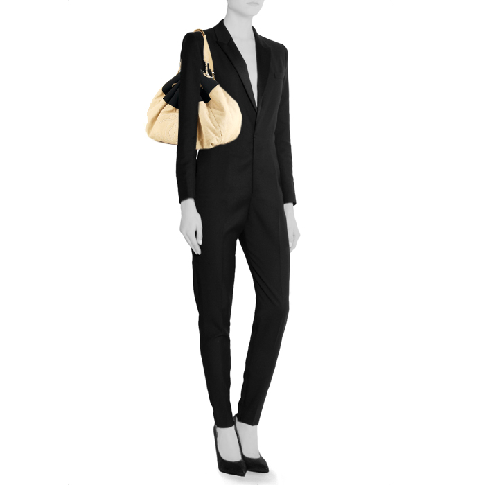 Sac cabas Chanel Grand Shopping en cuir blanc et toile noire - Detail D1