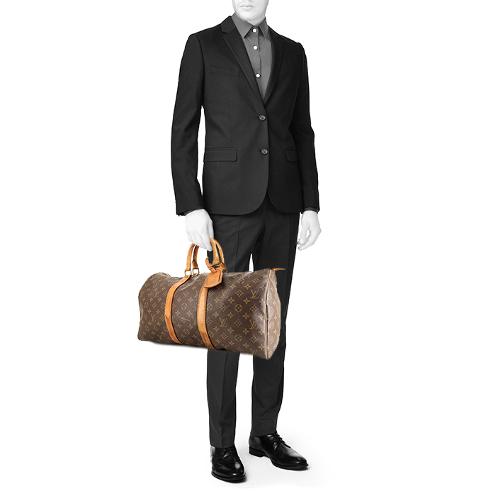Sac de voyage Louis Vuitton Keepall 45 en toile monogram marron et cuir naturel - Detail D1