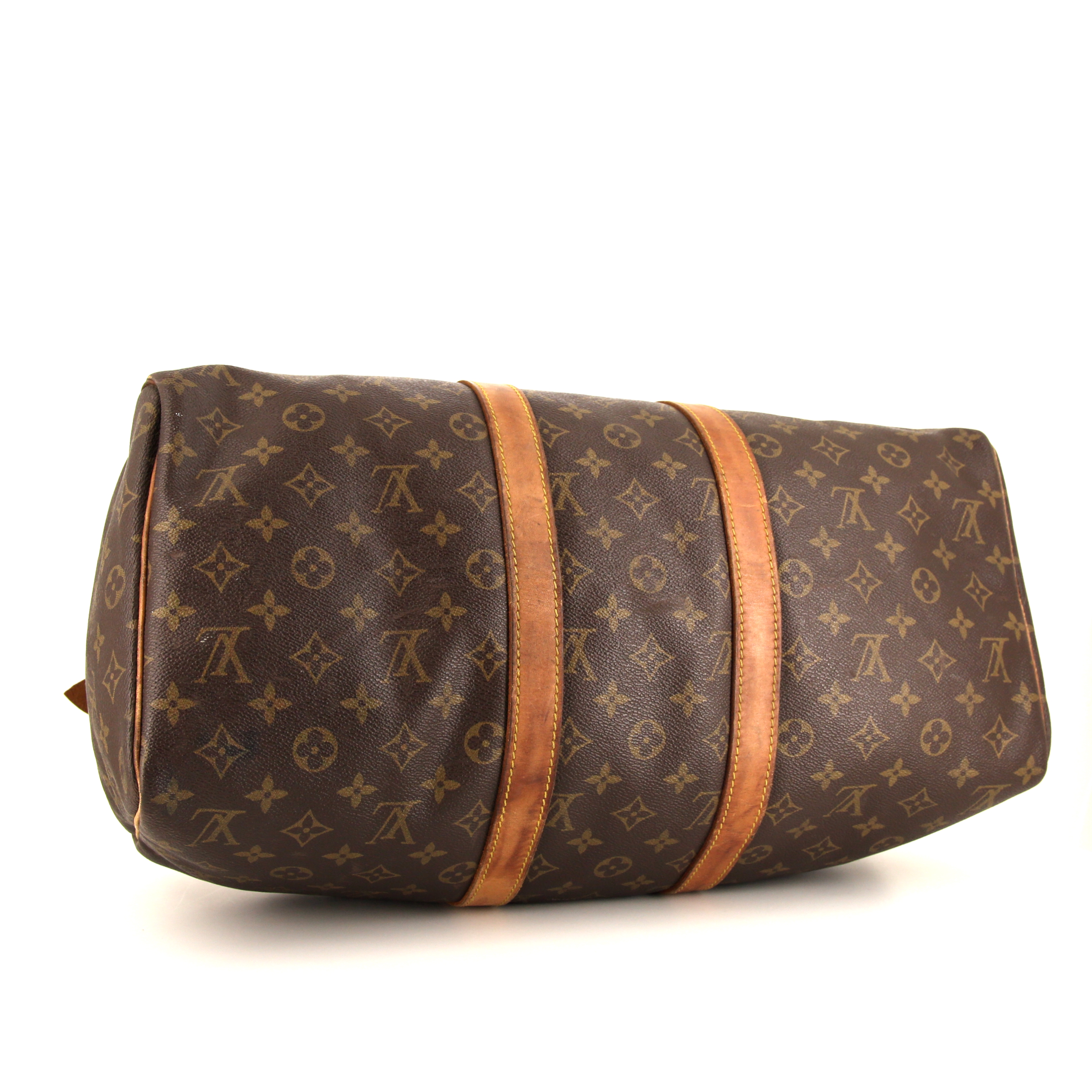 Bolsa de viaje Louis Vuitton Keepall 45 en lona Monogram marrón y cuero natural - Detail D4