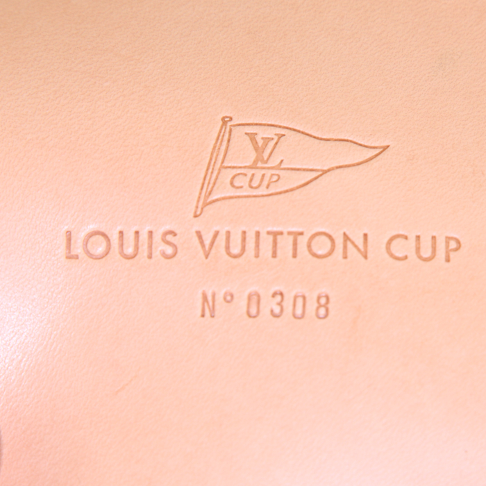 Bolsa de viaje Louis Vuitton Polochon en lona monogram amarilla y cuero natural - Detail D4