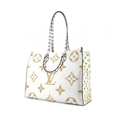 Shopping bag Louis Vuitton Onthego modello grande in tela monogram bicolore bianca e verde kaki