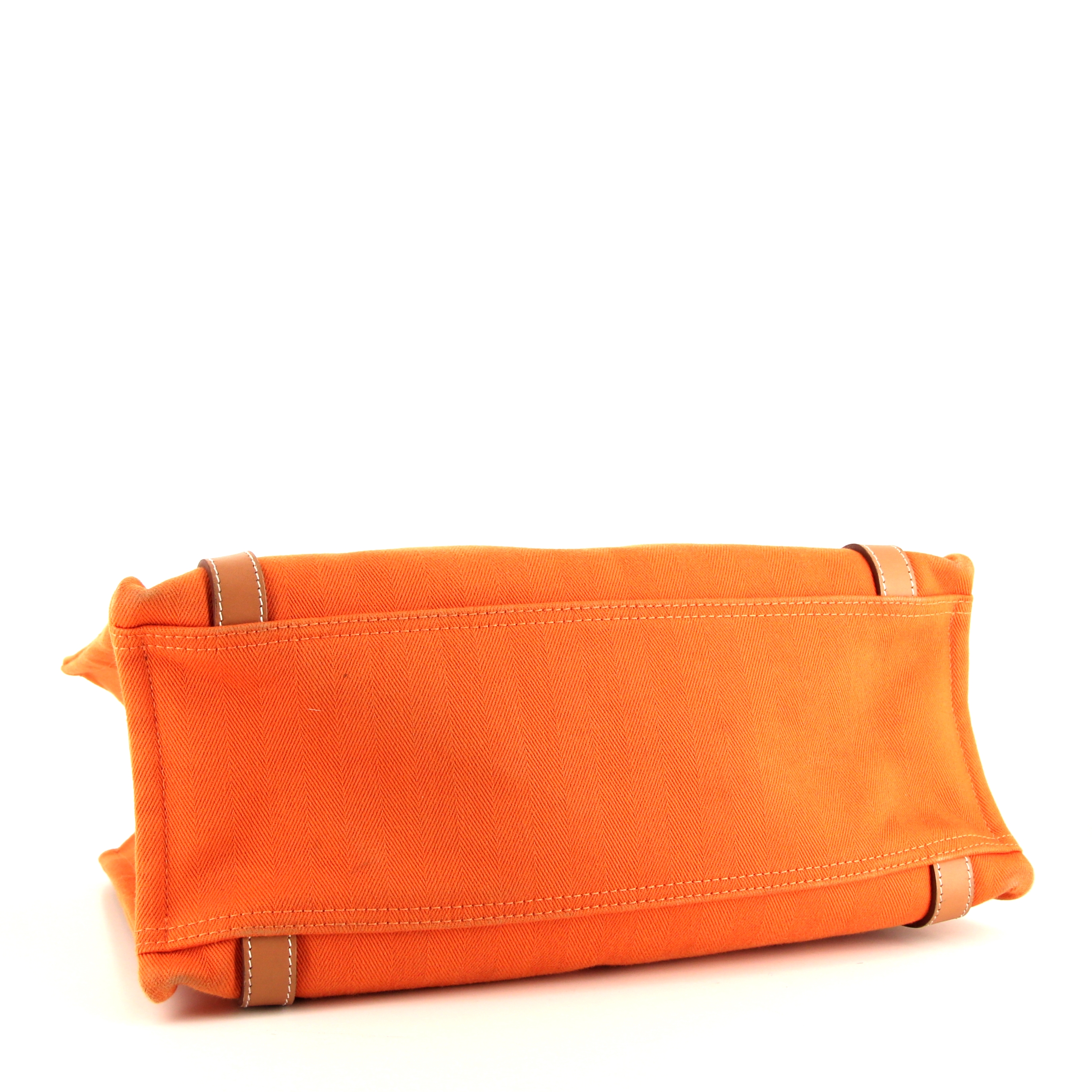 Hermès Cabalicol shopping bag in orange canvas and gold leather - Detail D5