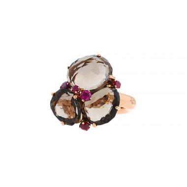 Anello Pomellato Bahia in oro rosa,  quarzo fumé e zaffiri rosa