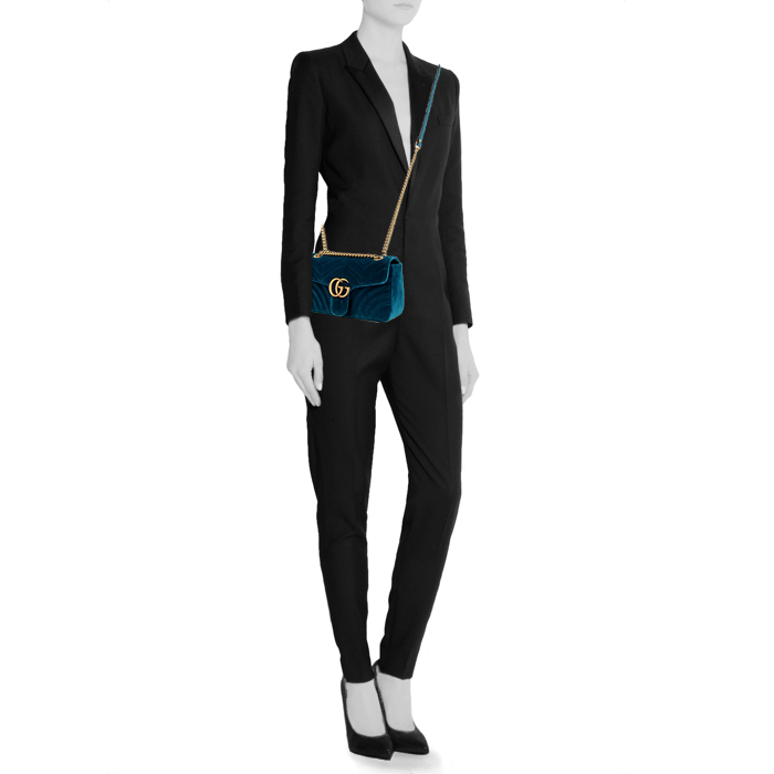 Borsa a tracolla Gucci GG Marmont modello piccolo in velluto trapuntato turchese - Detail D2