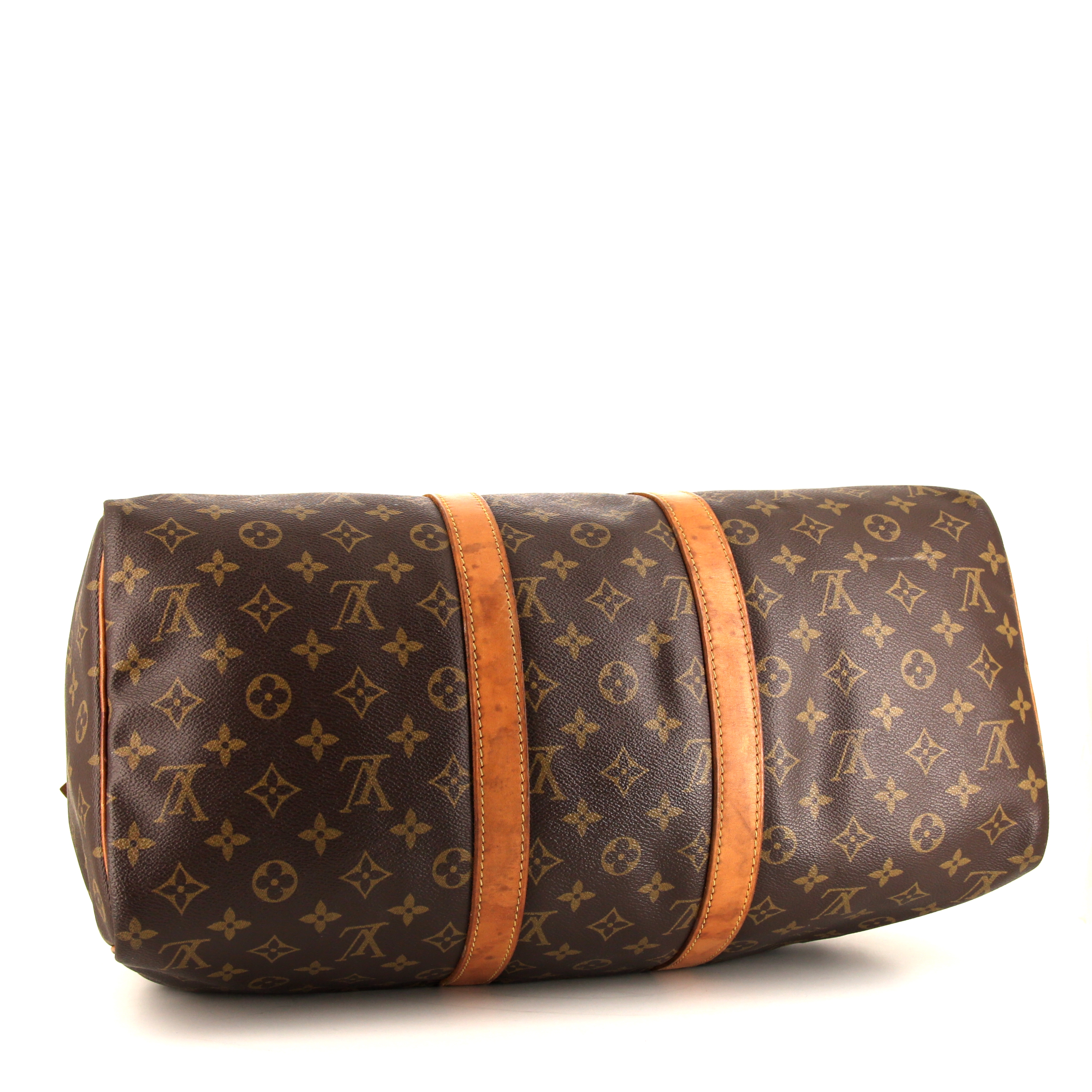 Sac de voyage Louis Vuitton Keepall 45 en toile monogram marron et cuir naturel - Detail D4