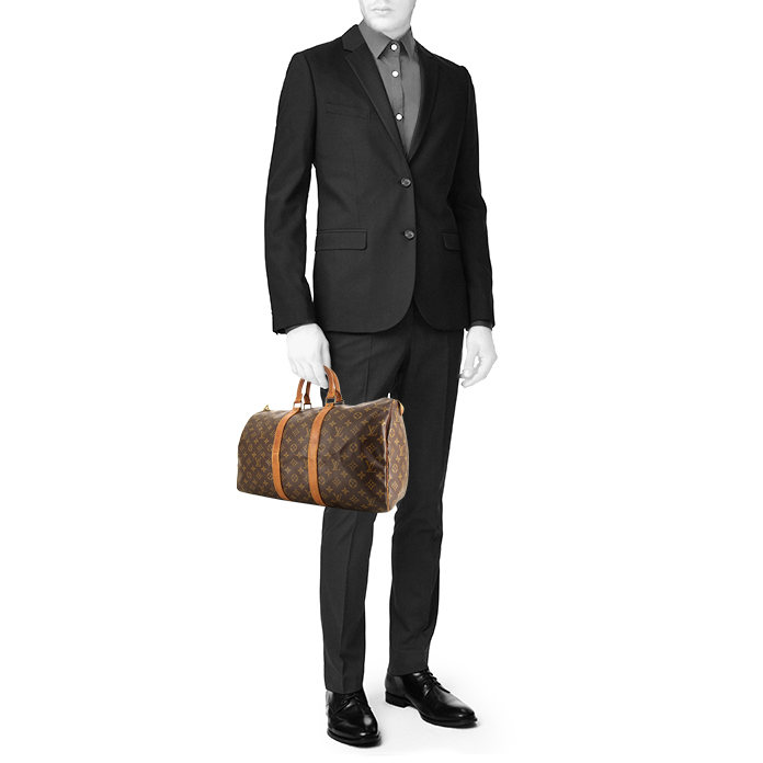 Borsa da viaggio Louis Vuitton Keepall 45 in tela monogram marrone e pelle naturale - Detail D1