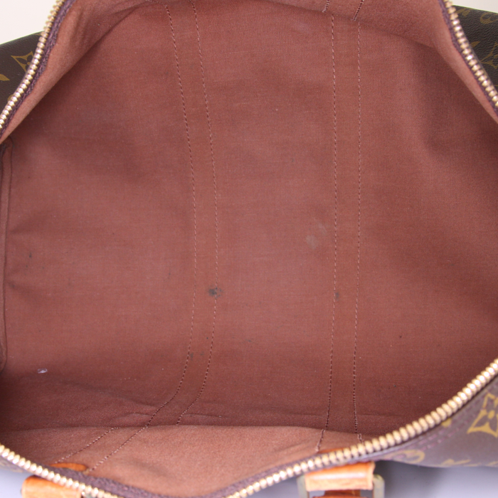 Sac de voyage Louis Vuitton Keepall 45 en toile monogram marron et cuir naturel - Detail D2
