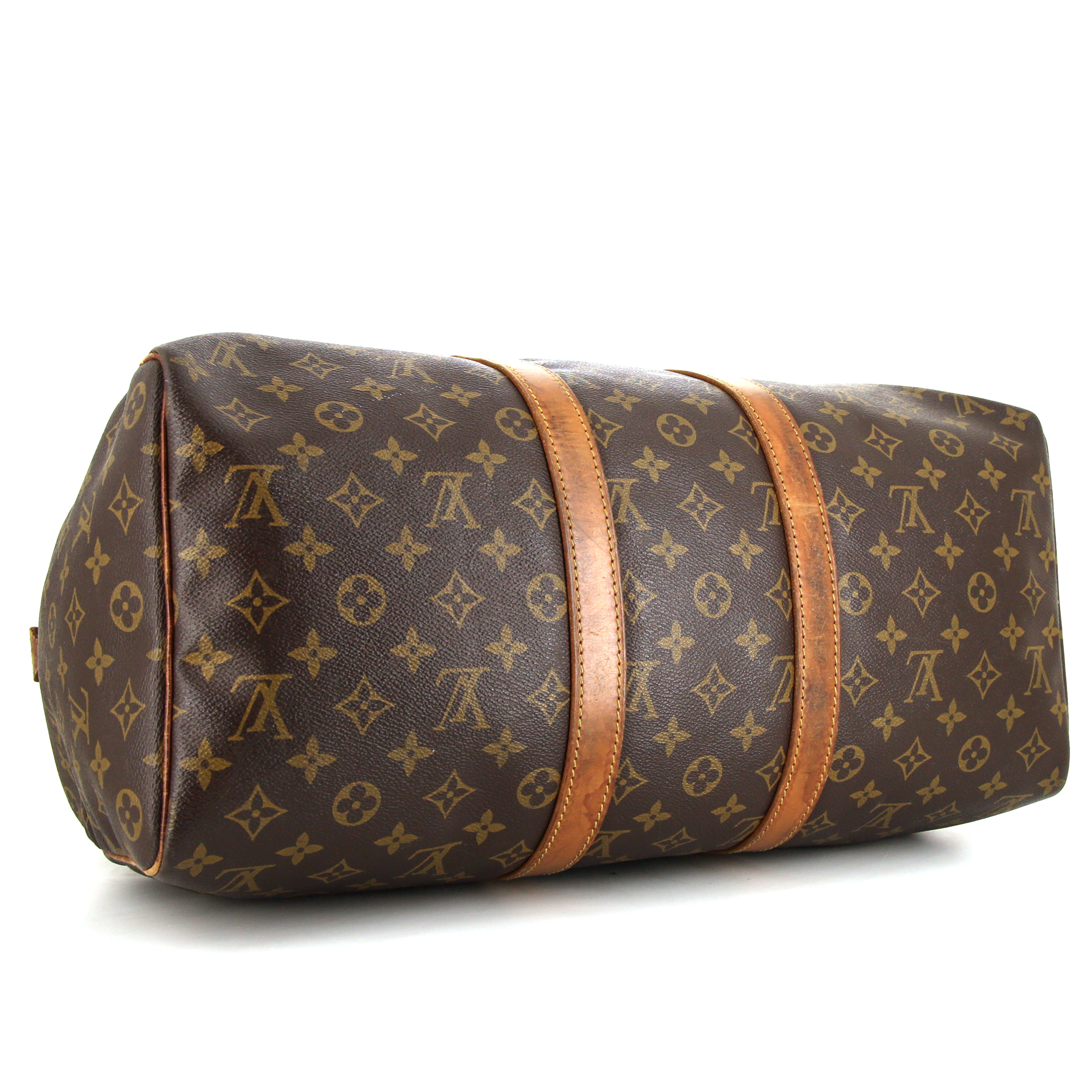 Sac de voyage Louis Vuitton Keepall 45 en toile monogram marron et cuir naturel - Detail D4