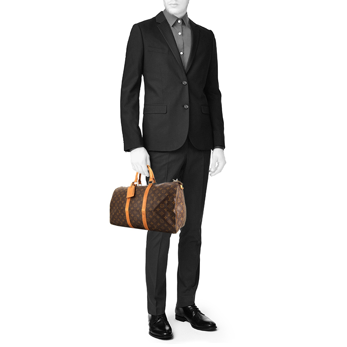 Louis Vuitton Keepall 45 travel bag in brown monogram canvas and natural leather - Detail D1