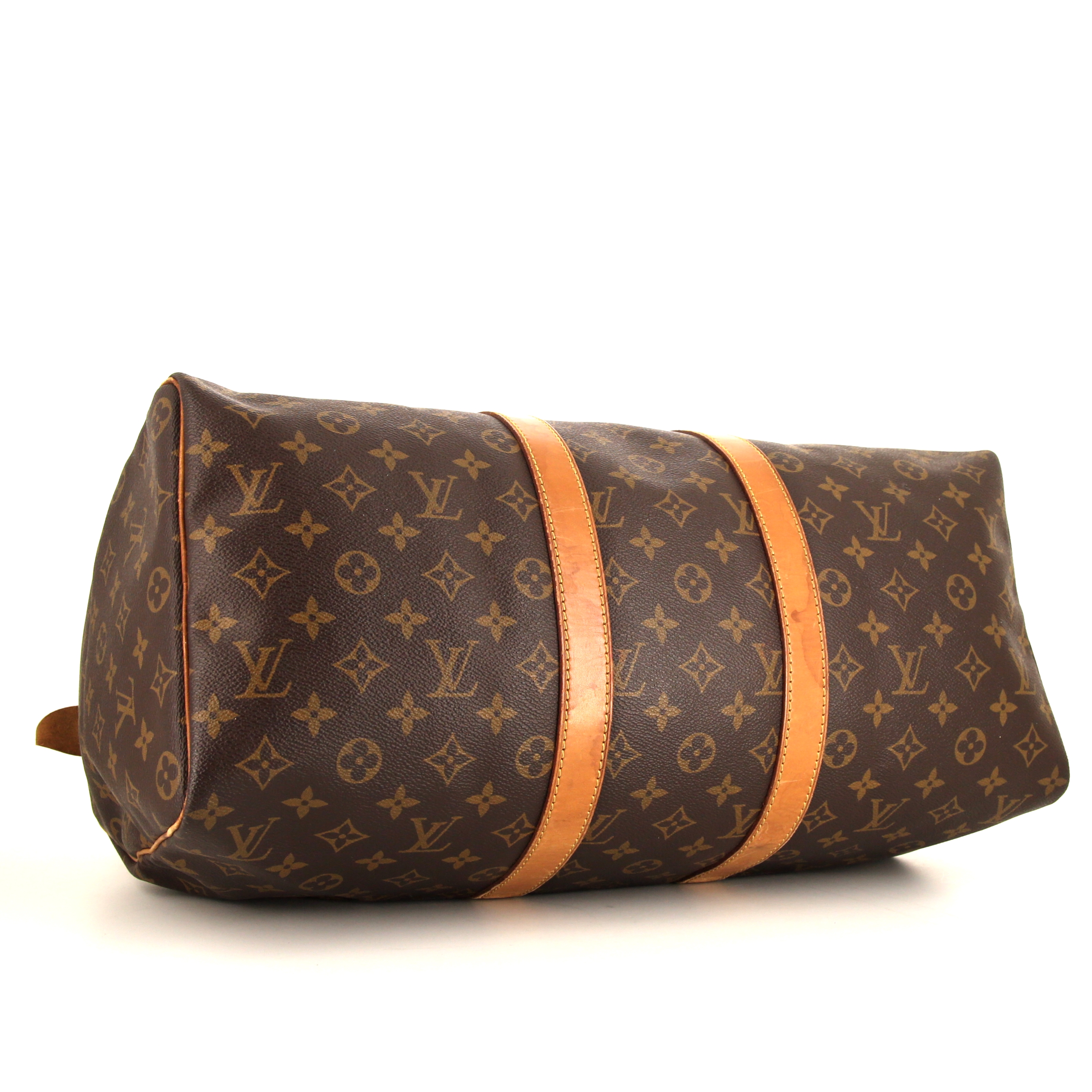 Bolsa de viaje Louis Vuitton Keepall 45 en lona Monogram marrón y cuero natural - Detail D4