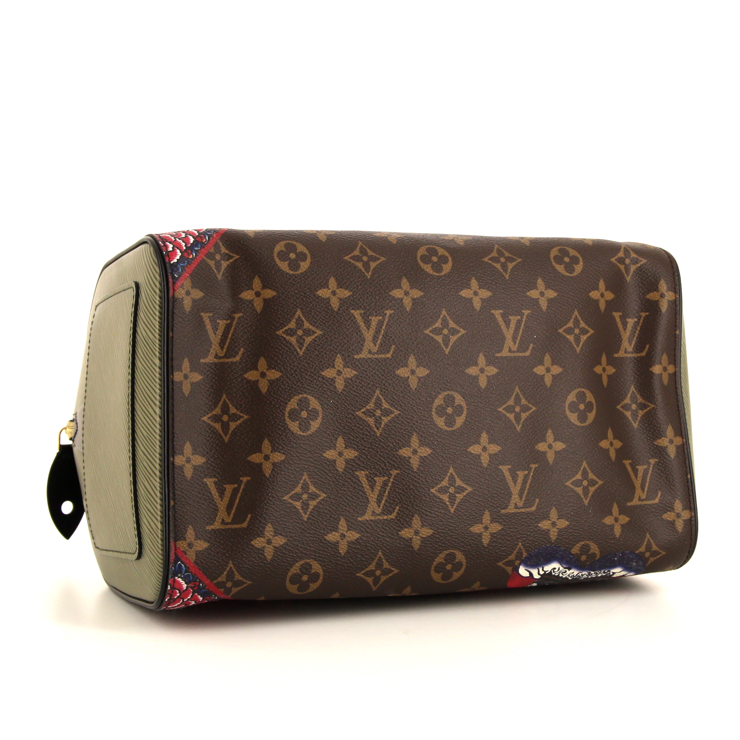 Sac à main Louis Vuitton Speedy Editions Limitées en toile monogram marron et cuir épi vert - Detail D4