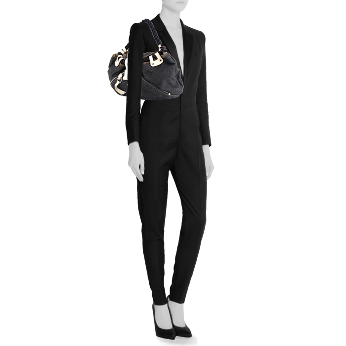 Bolso de mano Salvatore Ferragamo en lona denim y cuero blanco - Detail D1