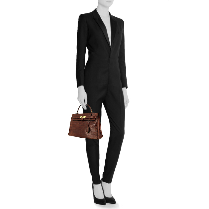 Hermes Kelly 32 cm handbag in brown niloticus crocodile - Detail D1