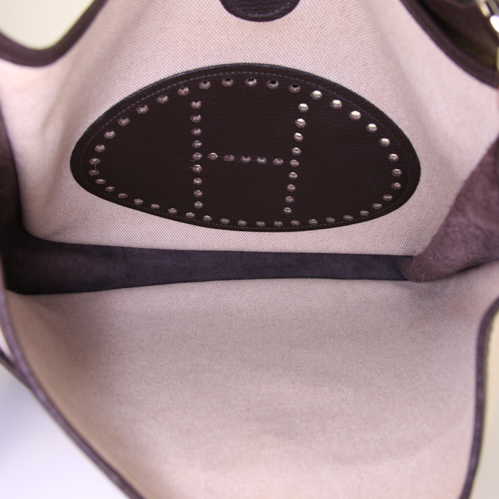 Evelyne shoulder bag in beige canvas and brown leather - Detail D2