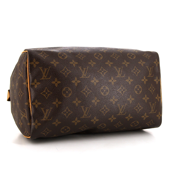 Bolso de mano Louis Vuitton Speedy 30 en lona Monogram marrón y cuero natural - Detail D4