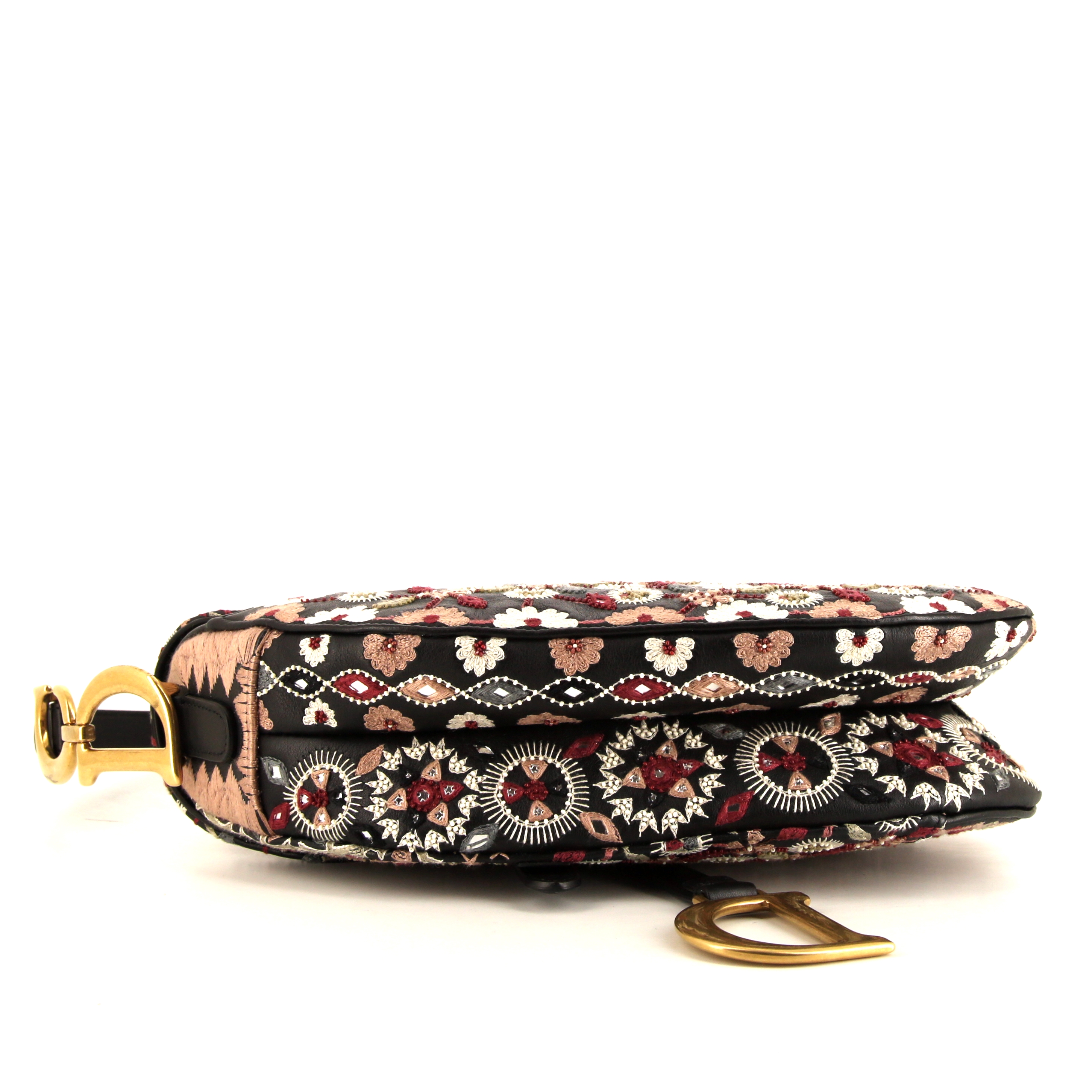 Borsa Dior Saddle in tela nera rosa e bianca con motivo e pelle nera - Detail D4