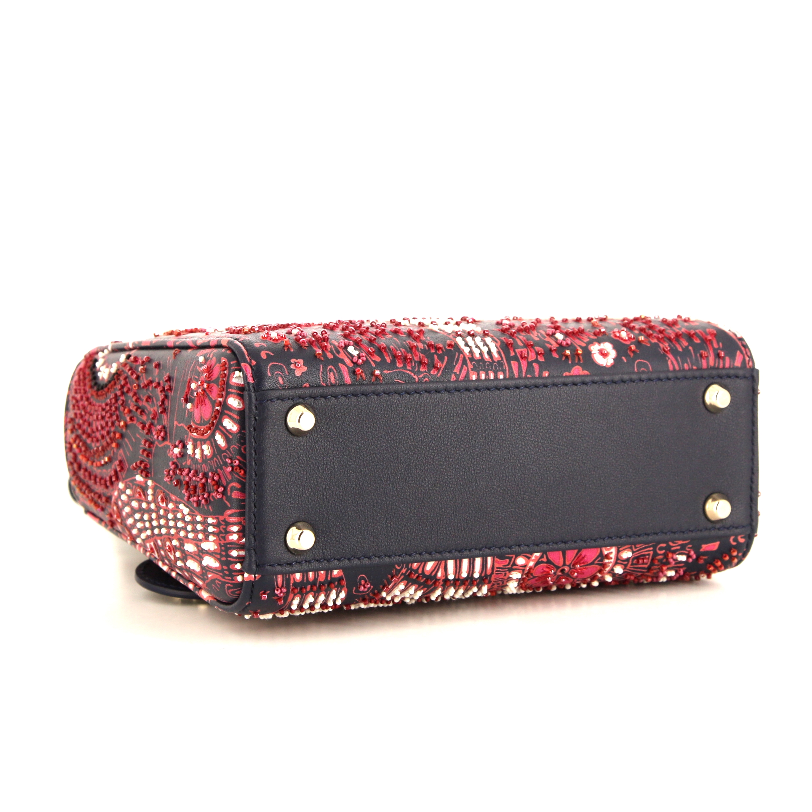 Bolso de mano Dior Mini Lady Dior en cuero azul oscuro y rojo - Detail D5